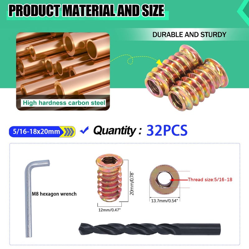 Twidec /32PCS 5/16"-18 Threaded Inserts for Wood Furniture Screw-in Nut Wood Inserts Bolt Assortment Kit with M8 Hex Wrench (5/16"-18 x20mm) - Image 2